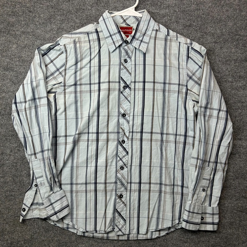 Tommy Hilfiger Denim Button Up Long Sleeve Shirt Men's Light Blue Plaid - Medium